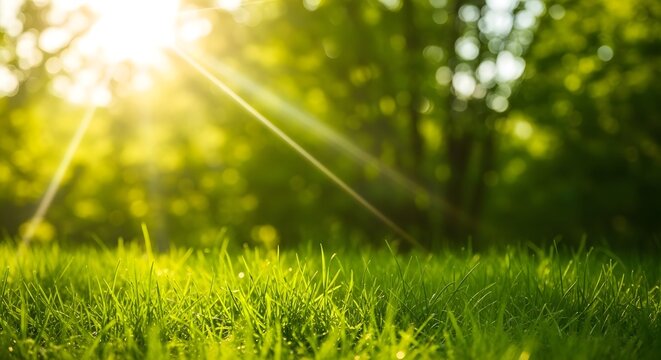 Sunlight streaming through trees illuminating green grass in a lush forest