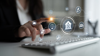 Futuristic digital law interface displaying justice scale, highlighting digital law, AI compliance,...