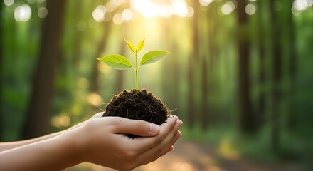 New life hands holding seedling in forest with sunlight streaming through trees