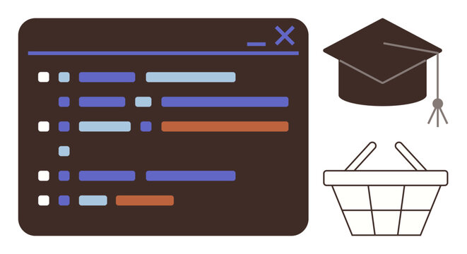 Coding interface, graduation cap, and shopping basket combine themes of technology, education, and commerce. Ideal for online learning, digital education, coding, e-commerce shopping career