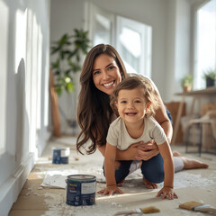 Single mother painting new apartment walls with child, symbolic new beginning. New Walls, New Life