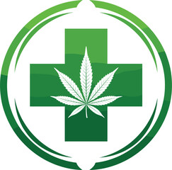 Medical Cannabis Cross and Leaf Vector Logo Design Symbolizing Natural Herbal Treatment, CBD Healthcare, Alternative Medicine, and Wellness Clinics