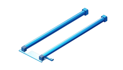Isometric view shows two parallel light blue tubes with connected rectangular ends on black