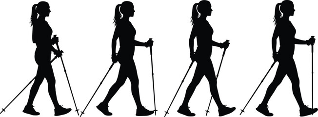 Active young woman practicing Nordic walking technique outdoors, silhouette vector sequence showing full stride motion and proper form for fitness and healthy lifestyle.