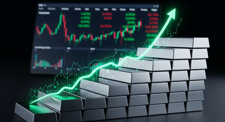 Silver bars with upward trending stock market chart showing investment growth