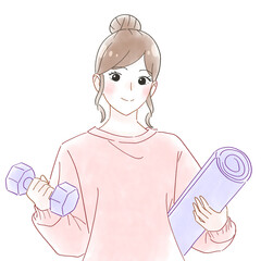 ダンベルとヨガマットの女性　水彩イラスト
