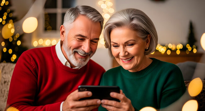 Elderly man and woman looking at digital tablet during Christmas. Merry Christmas and Happy New Year holiday. Senior couple video calling on smartphone.