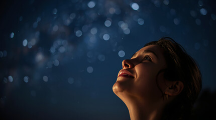 Parent looking at night sky, symbolic reflection, stars and emotion. Whispering to the Stars. 