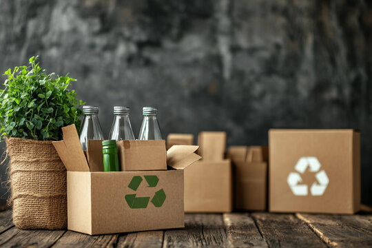 Generative AI image of recycled cardboard boxes with glass bottles and eco plant decor symbolizing renewable green products