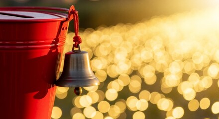 Red donation bucket with hanging brass bell. Christmas charity and fundraising concept with golden bokeh light