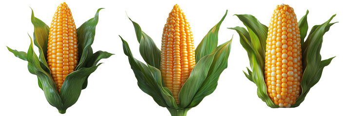 Corn cob with green leaves, isolated on white transparent background, concept of agriculture and healthy food.