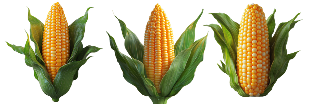 Corn cob with green leaves, isolated on white transparent background, concept of agriculture and healthy food. - Powered by Adobe
