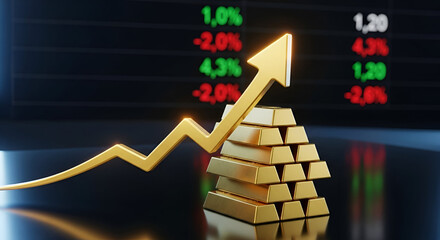 Gold bar stack with upward arrow signifies rising stock market values investment gains