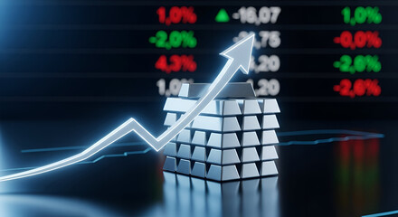 Silver bullion with rising arrow symbolizing investment growth and market success