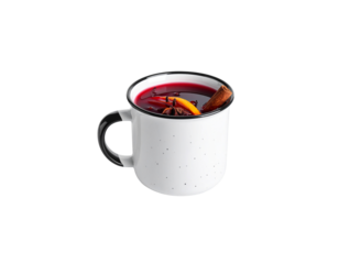 Christmas warm wine drink with hot spices and red fruits in glass, isolated on white background