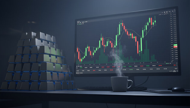 Trading silver bars while analyzing dynamic stock market data on computer screen