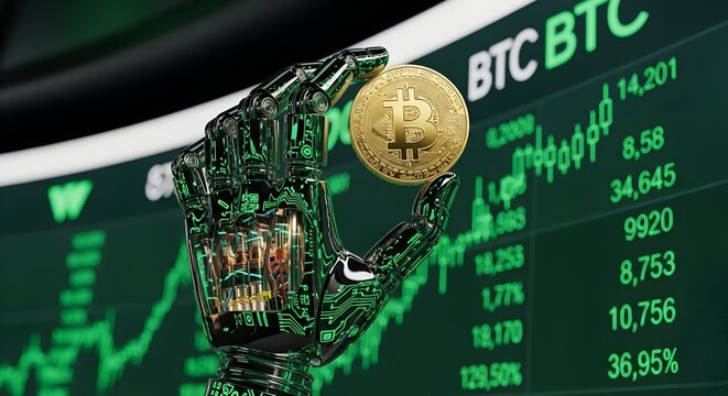 Robot hand holds Bitcoin coin with financial stock market data background