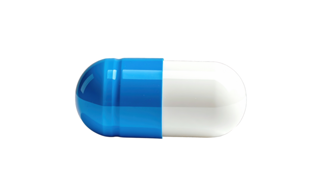 A capsule in two colors, blue and white, on a stark black background