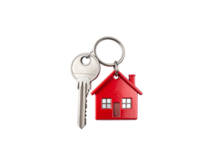Real estate concept: 3D illustration of residential building symbol with metal house key, isolated on white background