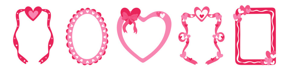 A set of five pink and red heart-shaped frames for Valentine's Day. A frame for a love message. Perfect for wedding invitations or date cards.