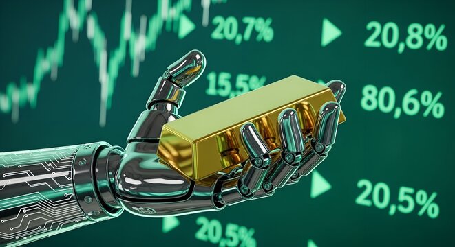 Robot hand holding gold bar with stock market data representing financial growth