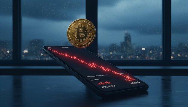 Bitcoin price crashing on rainy night, crypto investors feeling panic and despair
