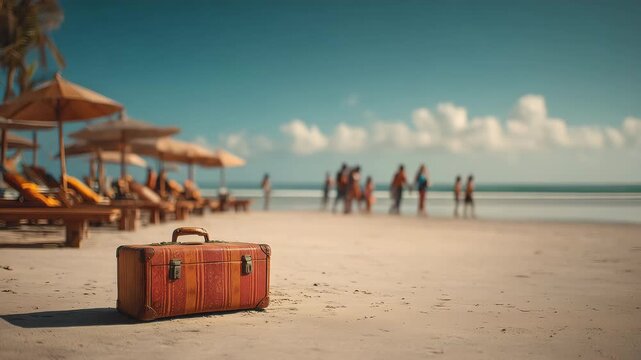 Vibrant Batik Suitcase on a Sun-Drenched Beach with Locals in the Background