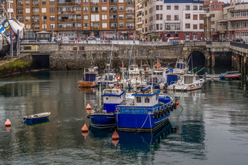 Fishing Boats Moored in Coastal Harbor with Residential Buildings Bermeo