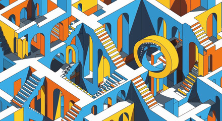 Architectural optical illusion with stairs and impossible shapes art illustration
