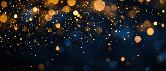 Abstract Golden Glitter and Bokeh Lights on Dark Blue Background