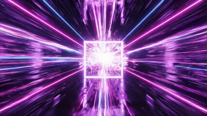 Neon tunnel with purple light enveloping a lone figure standing in an otherworldly dimension, capturing the essence of abstraction and technological innovation, perfect for illustrating themes.