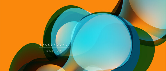 Abstract design features vibrant overlapping circles, flowing lines. Orange background complements blue, green hues. Modern, dynamic composition.