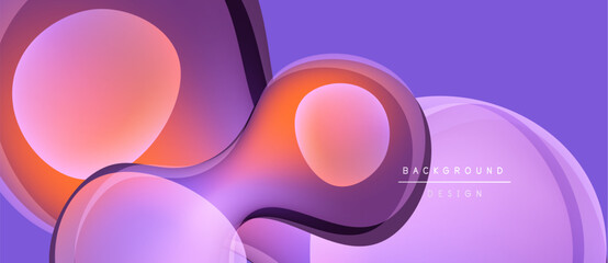 Abstract shapes overlap, creating vibrant purple, orange gradients. Modern design suggests fluidity, depth, visual interest.