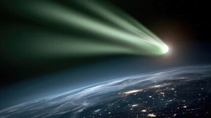 Comet streaks across night sky above illuminated Earth, glowing tail and cosmic wonder create breathtaking celestial scene