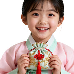 설날한복입은여자아이가복주머니를들고환하게웃는모습