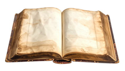 An open, aged book with blank pages. Bound in worn leather, it suggests history