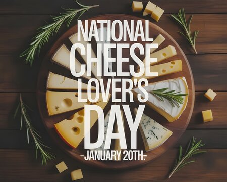 January twentieth National Cheese Lover’s Day image showcasing assorted cheeses, gourmet tasting experience, dairy celebration, cheese platter, and delicious food appreciation for cheese enthusiasts w - Powered by Adobe