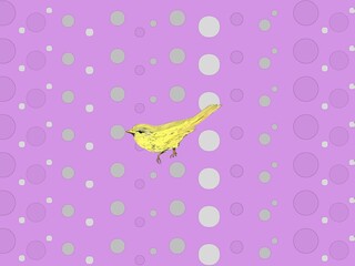 パープルのドット模様の中にいる黄色い鳥のイラスト