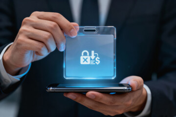 Focused professional uses futuristic digital ID card scam detection system for secure identity verification and authentication