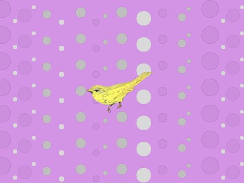 パープルのドット模様の中にいる黄色い鳥のイラスト