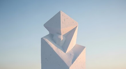 A minimalist white sculpture with sharp geometric lines against a clear blue sky.