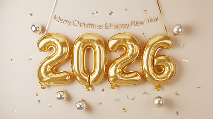 Elegant Merry Christmas and Happy New Year 2026 celebration with shiny golden balloons and confetti creating a festive holiday atmosphere