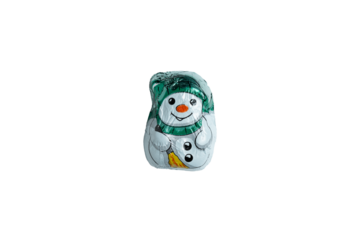 Foil-wrapped snowman chocolate with green hat on transparent background
