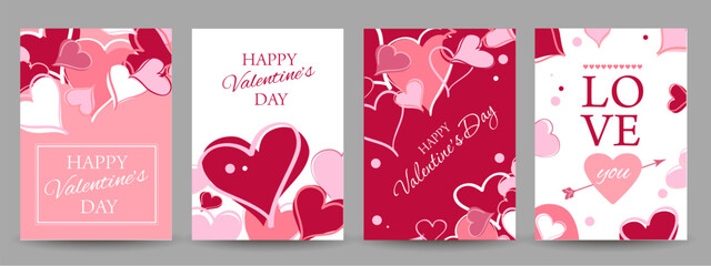 Cute set of four Valentine Day banners in cartoon style with Happy Valentine Day lettering and hand-drawn hearts. Bright romantic design for social media posts, greeting cards, advertising and holiday © mariaaverburg