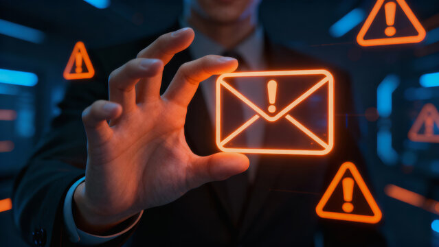 Serious businessman holding warning email icon. scam detection system alert for digital security and cybercrime