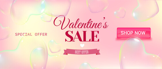Horizontal Valentines Day sale banner with elegant typography, romantic design elements and a prominent Shop Now button. Modern promotional layout for seasonal discounts, online stores, holiday market