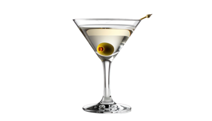 Crystal glass holding a classic, chilled cocktail, olive garnish, against black