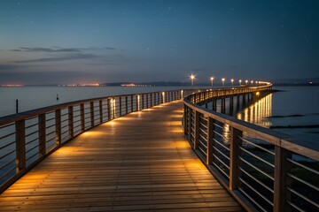 A long wooden pier with illuminated railings stretches into the calm water under a twilight sky creating a serene and inviting pathway
