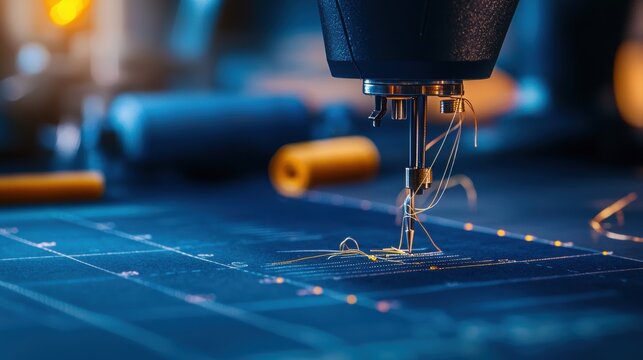Industrial Sewing Machine Needle Stitching Blue Fabric with Yellow Thread