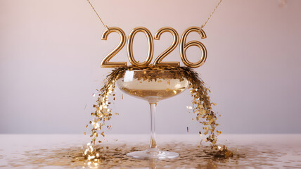 Celebrate 2026 with golden confetti and a champagne glass, a sparkling toast to the future year with style and a touch of luxury and glamour